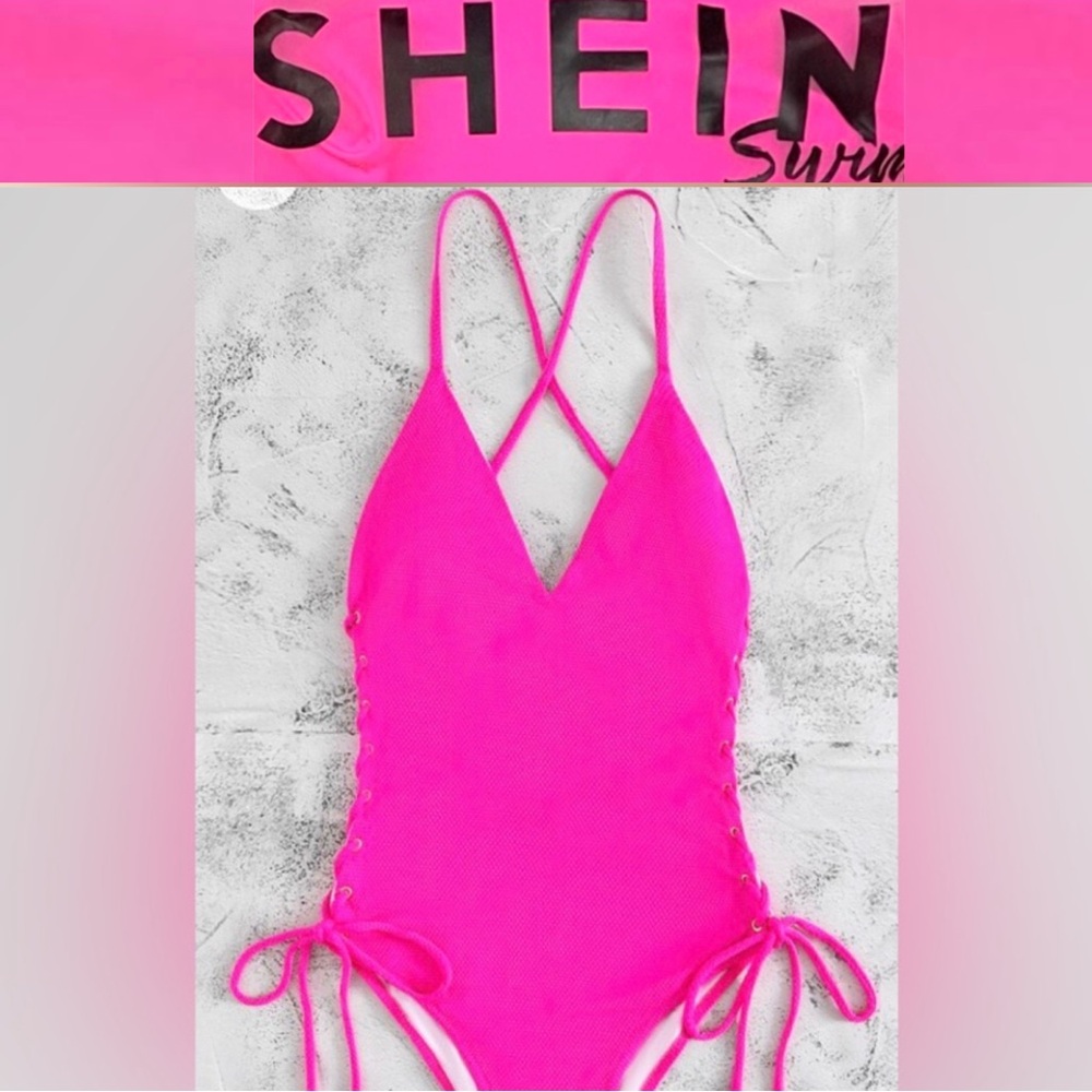 SHEIN Swim Vcay Lace-Up Sides textured One Piece Swimsuit size L NWT